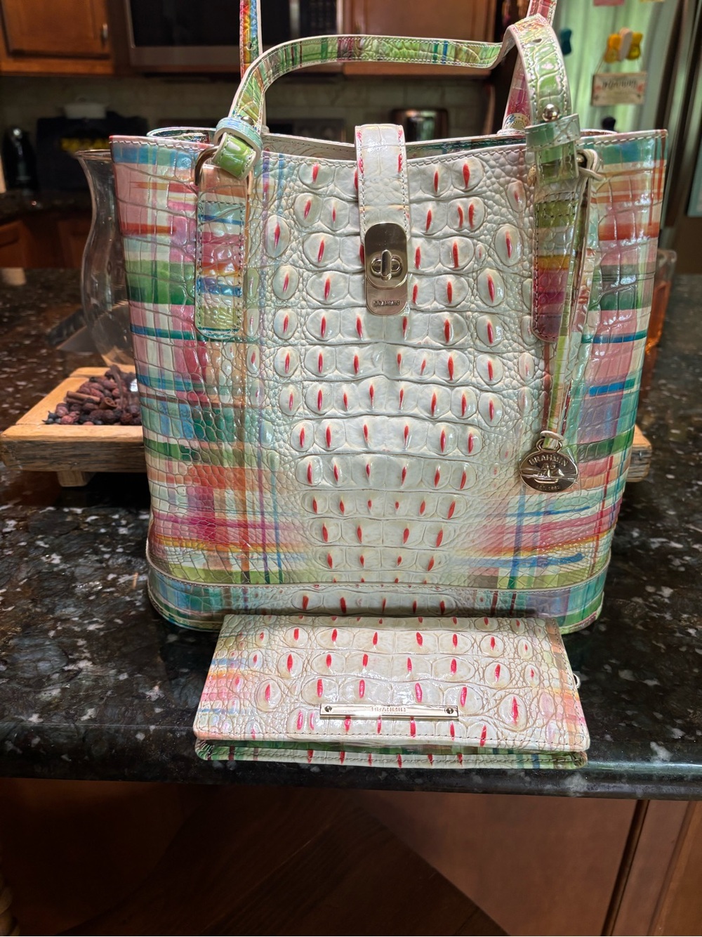 Brahmin Multicolor Croc-Embossed Tote in Pastel Plaid